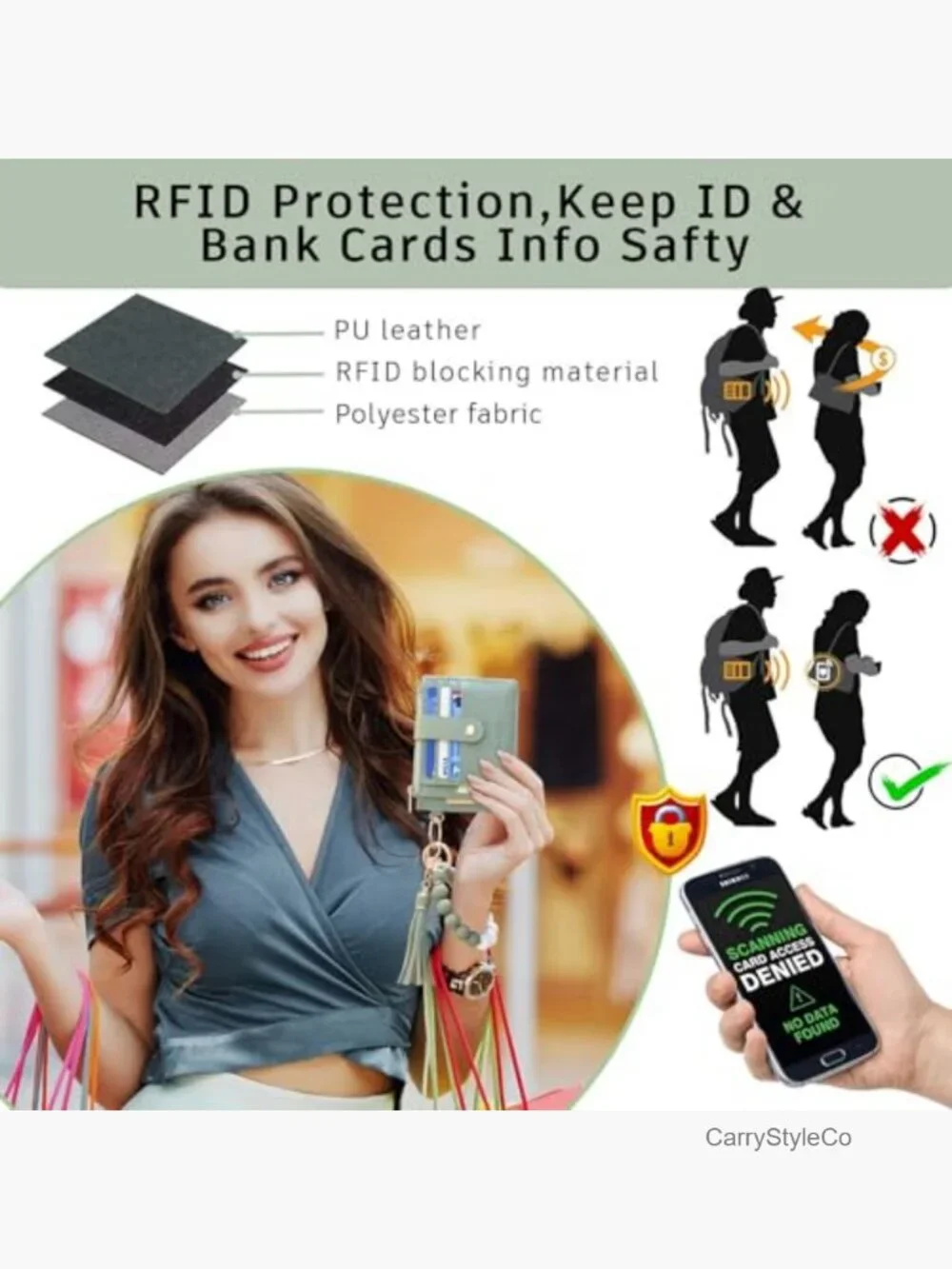 Silicone Beaded Keychain Wallet Wristlet Card Holder RFID Zipper Pocket